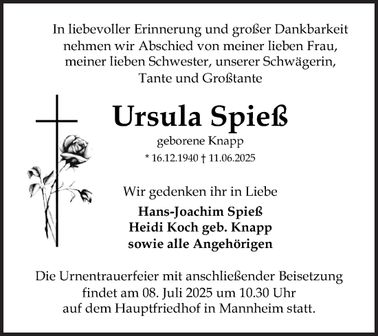 Traueranzeige von Ursula Spieß von Mannheimer Morgen