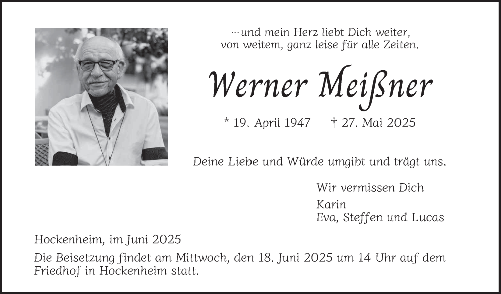  Traueranzeige für Werner Meißner vom 14.06.2025 aus Schwetzinger Zeitung