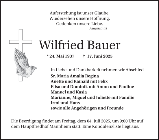 Traueranzeige von Wilfried Bauer von Mannheimer Morgen