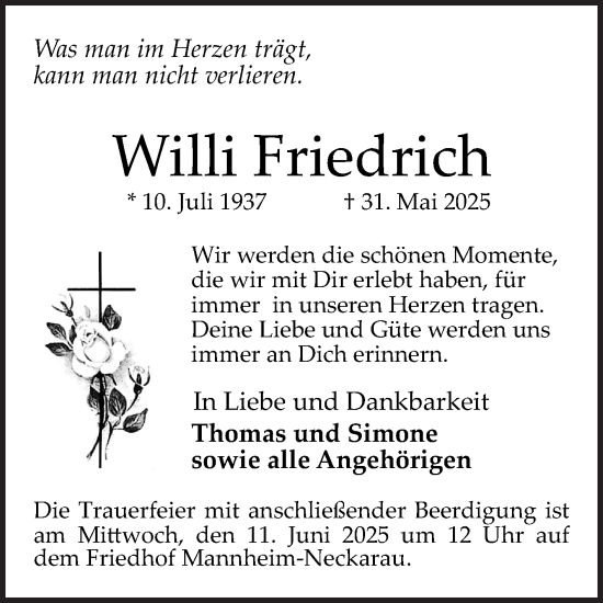 Traueranzeige von Willi Friedrich von Mannheimer Morgen