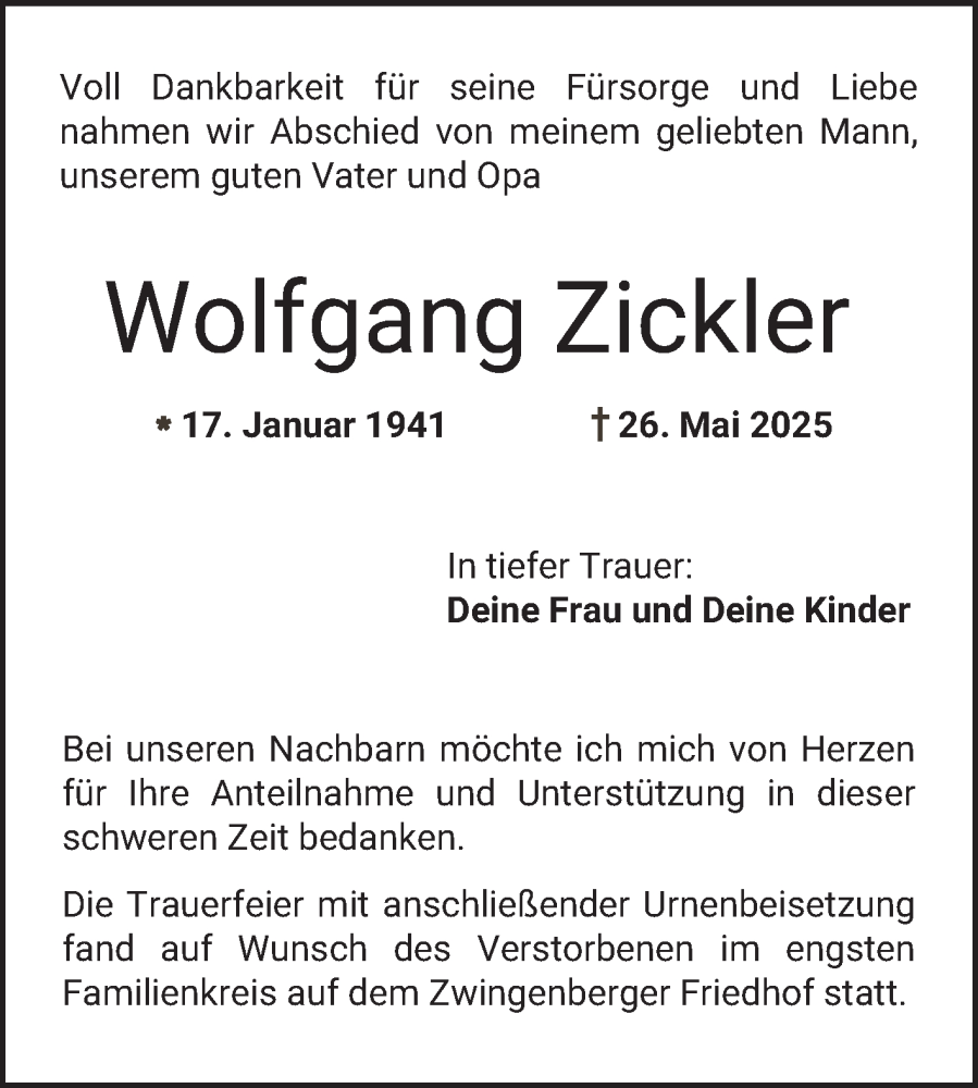  Traueranzeige für Wolfgang Zickler vom 21.06.2025 aus Bergsträßer Anzeiger