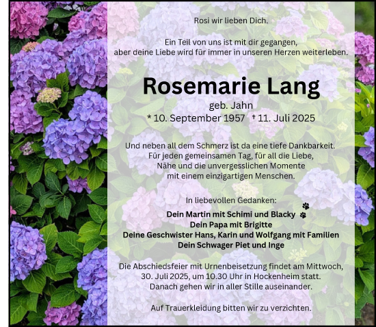 Traueranzeige von Rosemarie Lang von Schwetzinger Zeitung