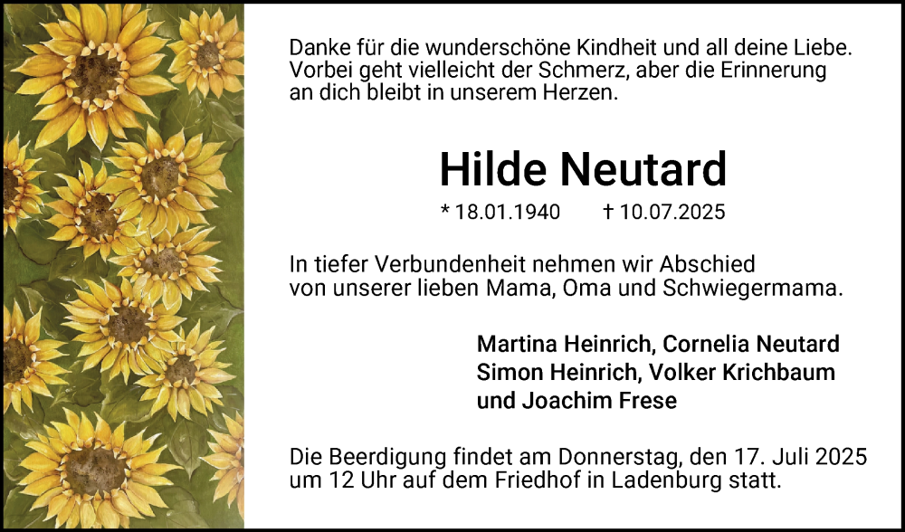  Traueranzeige für Hilde Neutard vom 15.07.2025 aus Mannheimer Morgen