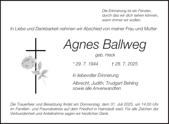 Traueranzeige von Agnes Ballweg von Fränkische Nachrichten