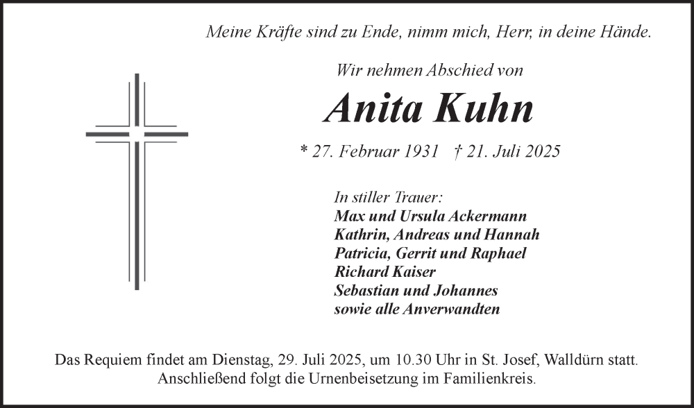  Traueranzeige für Anita Kuhn vom 26.07.2025 aus Fränkische Nachrichten