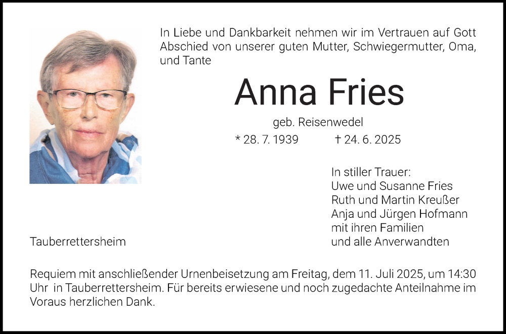  Traueranzeige für Anna Fries vom 09.07.2025 aus Fränkische Nachrichten
