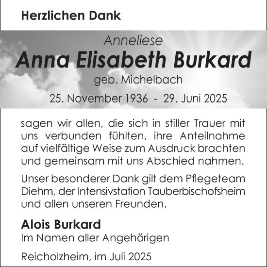 Traueranzeige von Anna Elisabeth Burkard von Fränkische Nachrichten