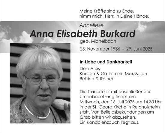Traueranzeige von Anna Elisabeth Burkard von Fränkische Nachrichten