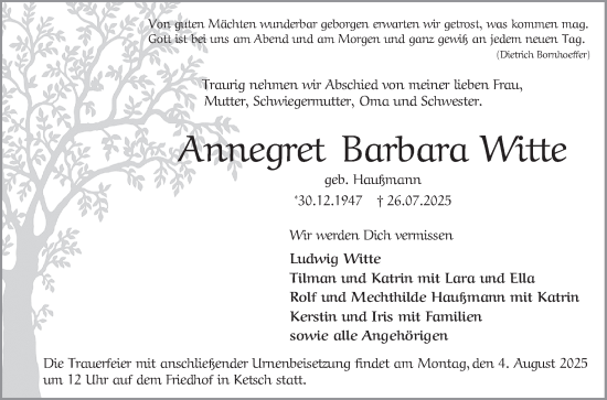 Traueranzeige von Annegret Barbara Witte von Schwetzinger Zeitung
