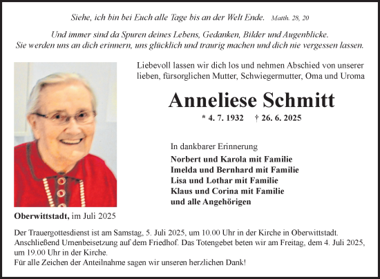 Traueranzeige von Anneliese Schmitt von Fränkische Nachrichten