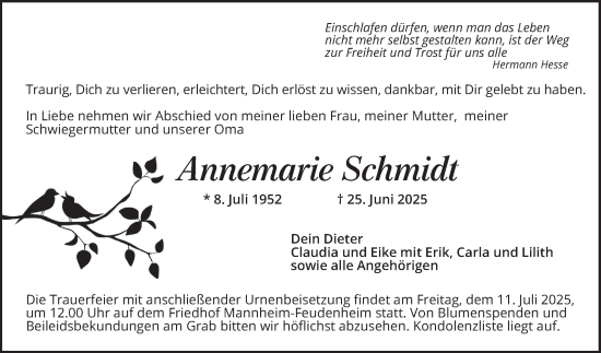 Traueranzeige von Annemarie Schmidt von Mannheimer Morgen