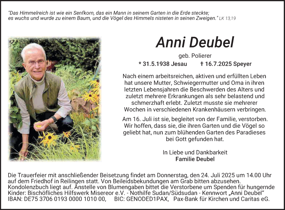  Traueranzeige für Anni Deubel vom 23.07.2025 aus Schwetzinger Zeitung