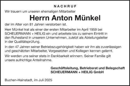 Traueranzeige von Anton Münkel von Fränkische Nachrichten
