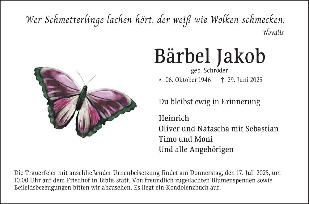  Traueranzeige für Bärbel Jakob vom 12.07.2025 aus Mannheimer Morgen