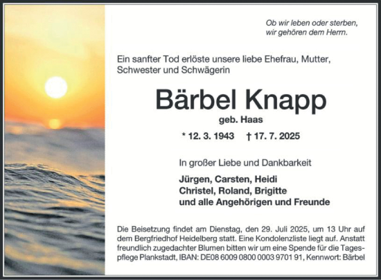 Traueranzeige von Bärbel Knapp von Mannheimer Morgen