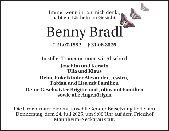 Traueranzeige von Benny Bradl von Mannheimer Morgen