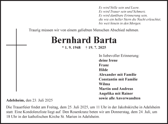 Traueranzeige von Bernhard Barta von Fränkische Nachrichten