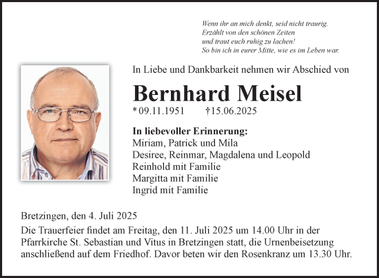 Traueranzeige von Bernhard Meisel von Fränkische Nachrichten