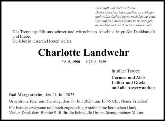 Traueranzeige von Charlotte Landwehr von Fränkische Nachrichten