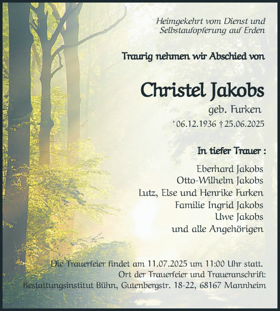 Traueranzeige von Christel Jakobs von Mannheimer Morgen