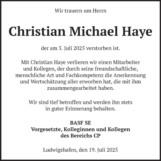 Traueranzeige von Christian Michael Haye von Mannheimer Morgen