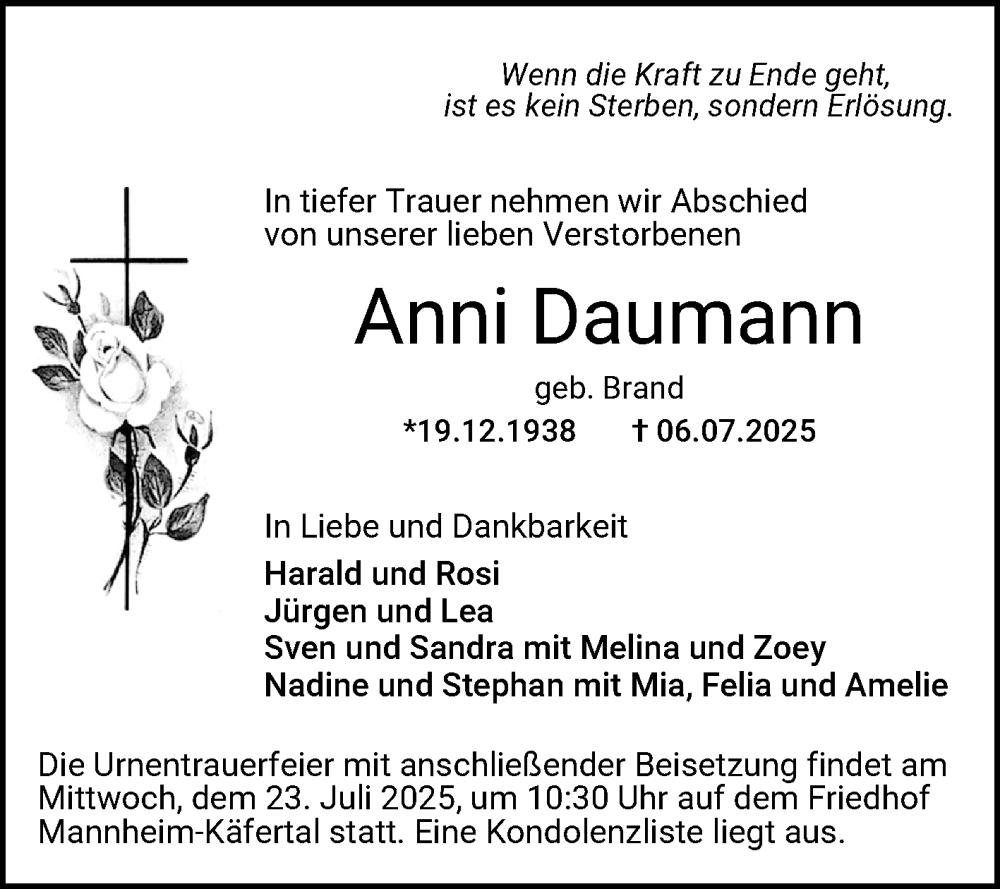  Traueranzeige für Anni Daumann vom 19.07.2025 aus Mannheimer Morgen