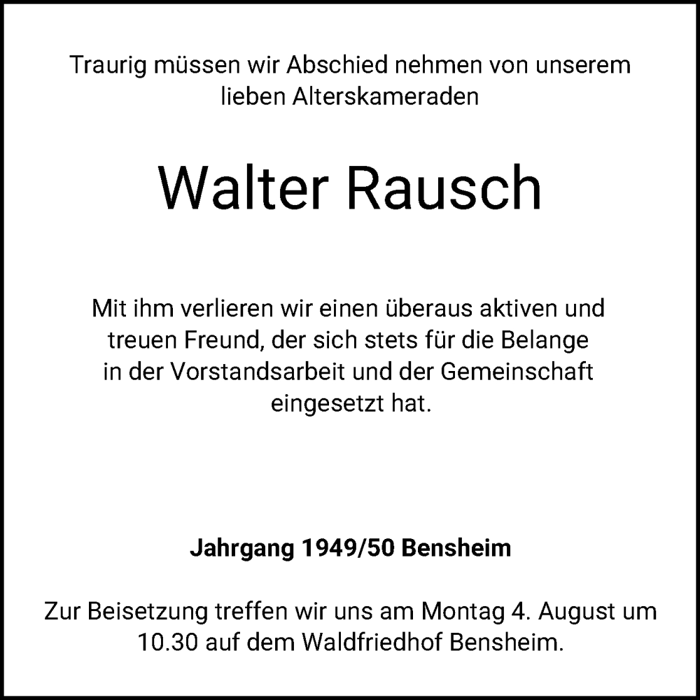  Traueranzeige für Walter Rausch vom 26.07.2025 aus Bergsträßer Anzeiger