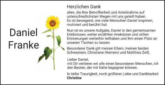 Traueranzeige von Daniel Franke von Bergsträßer Anzeiger