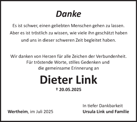 Traueranzeige von Dieter Link von Fränkische Nachrichten