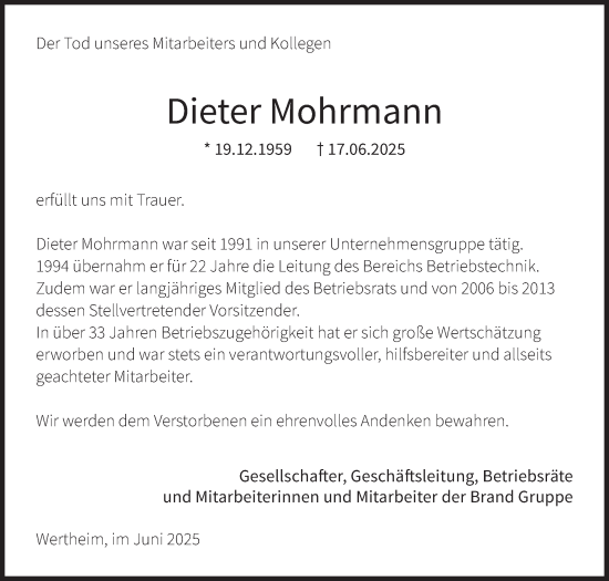 Traueranzeige von Dieter Mohrmann von Fränkische Nachrichten