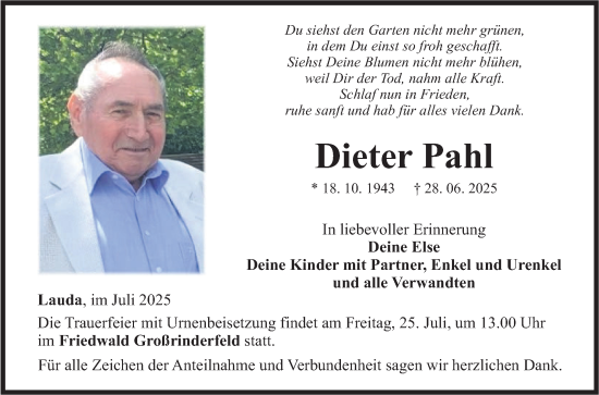 Traueranzeige von Dieter Pahl von Fränkische Nachrichten