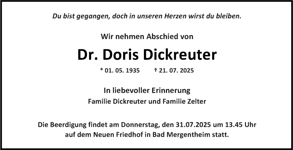  Traueranzeige für Doris Dickreuter vom 26.07.2025 aus Fränkische Nachrichten