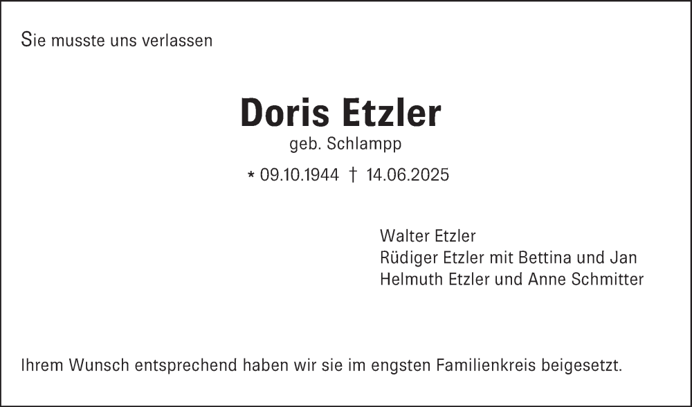  Traueranzeige für Doris Etzler vom 19.07.2025 aus Schwetzinger Zeitung