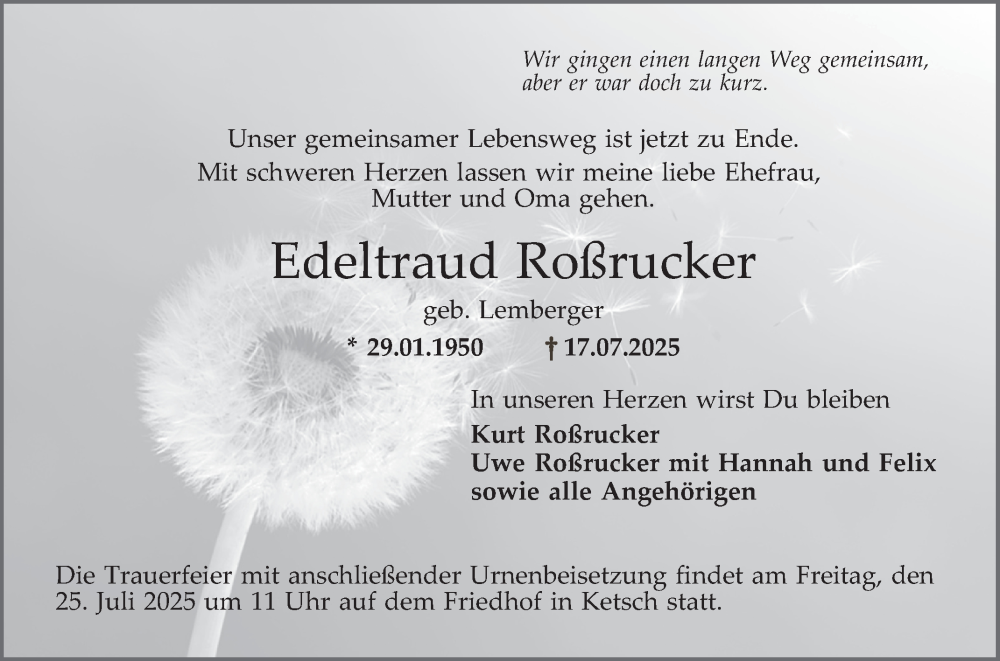  Traueranzeige für Edeltraud Roßrucker vom 19.07.2025 aus Schwetzinger Zeitung