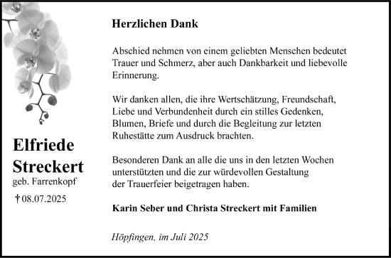 Traueranzeige von Elfriede Streckert von Fränkische Nachrichten