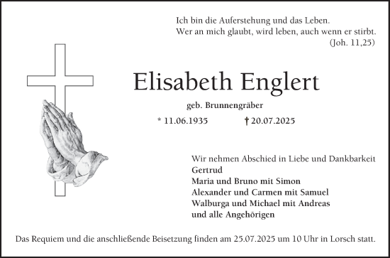 Traueranzeige von Elisabeth Englert von Bergsträßer Anzeiger
