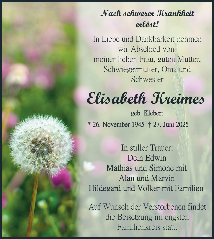  Traueranzeige für Elisabeth Kreimes vom 03.07.2025 aus Schwetzinger Zeitung