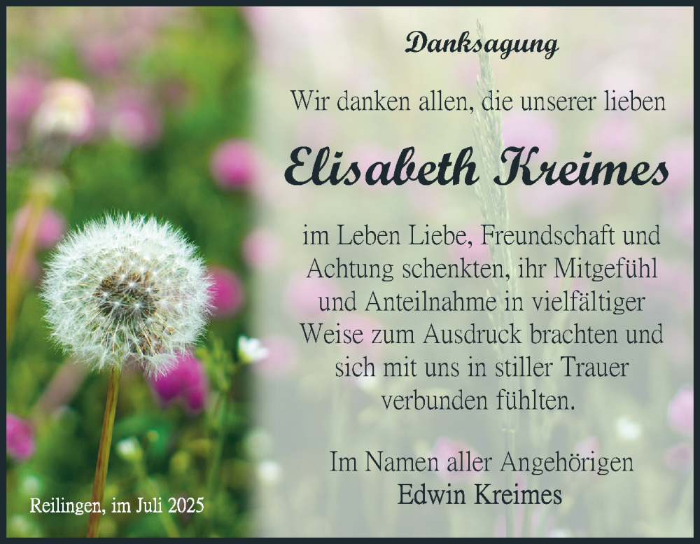  Traueranzeige für Elisabeth Kreimes vom 30.07.2025 aus Schwetzinger Zeitung