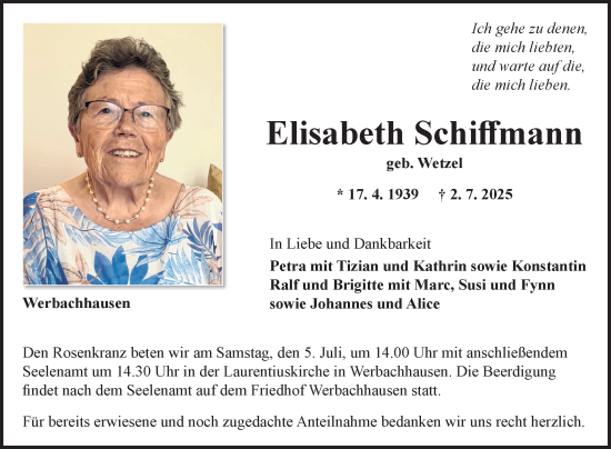 Traueranzeige von Elisabeth Schiffmann von Fränkische Nachrichten