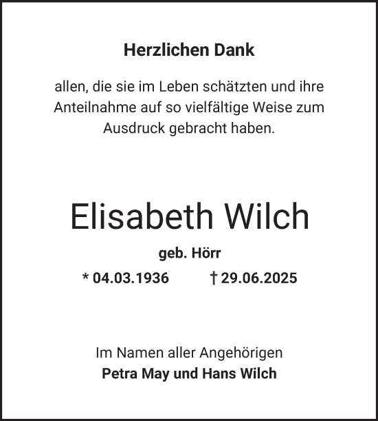 Traueranzeige von Elisabeth Wilch von Bergsträßer Anzeiger