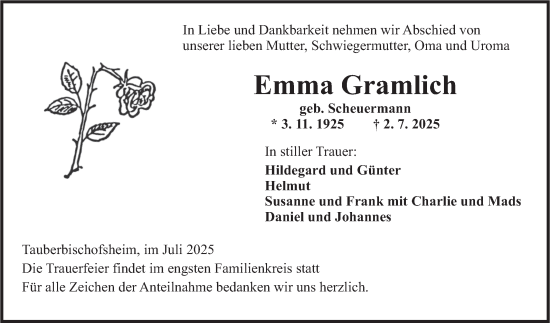 Traueranzeige von Emma Gramlich von Fränkische Nachrichten