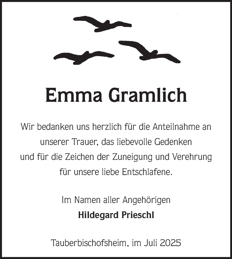  Traueranzeige für Emma Gramlich vom 26.07.2025 aus Fränkische Nachrichten