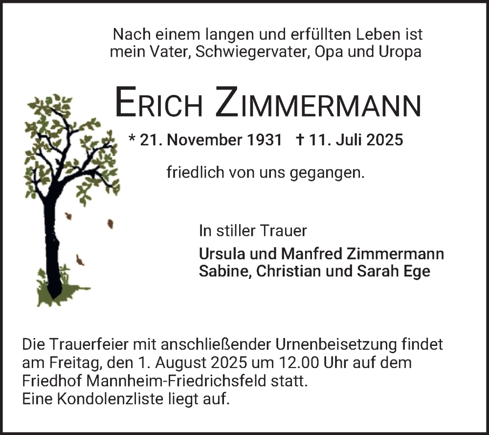  Traueranzeige für Erich Zimmermann vom 19.07.2025 aus Mannheimer Morgen