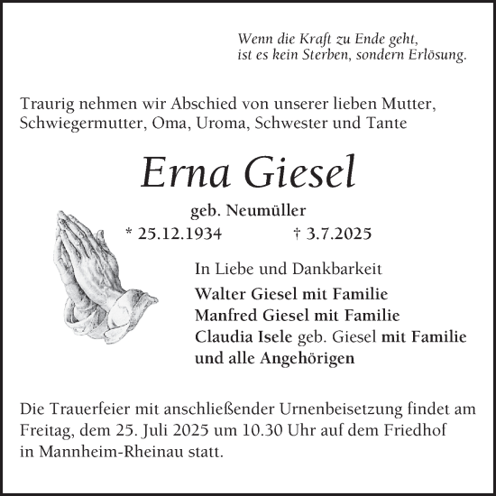 Traueranzeige von Erna Giesel von Mannheimer Morgen
