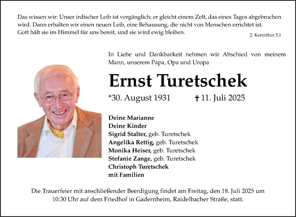  Traueranzeige für Ernst Turetschek vom 16.07.2025 aus Bergsträßer Anzeiger