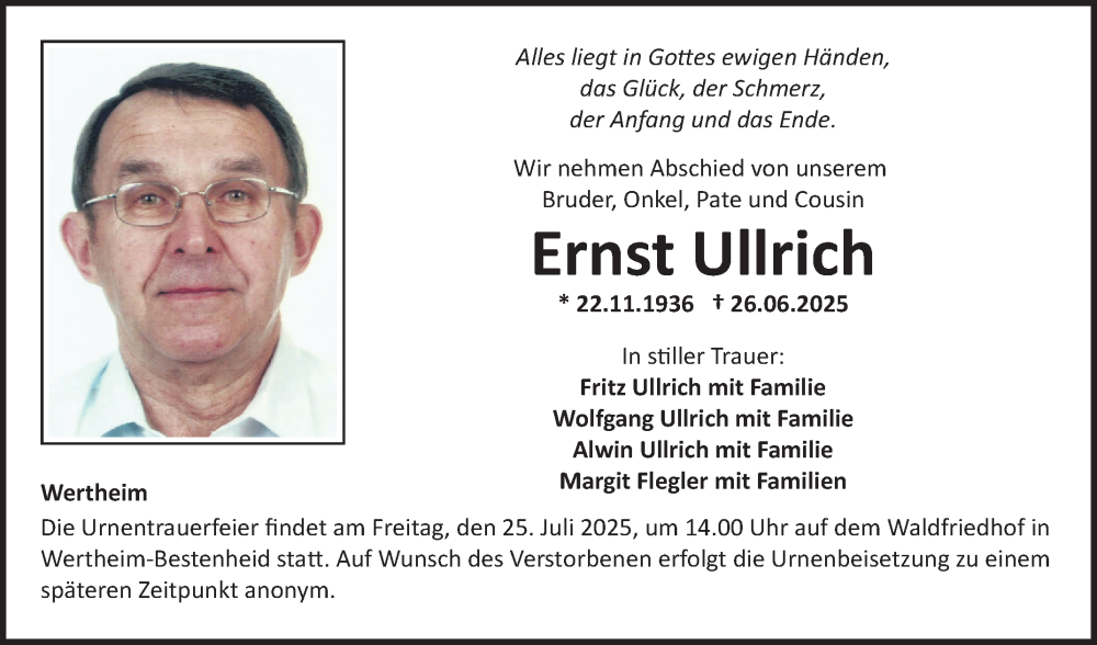  Traueranzeige für Ernst Ullrich vom 19.07.2025 aus Fränkische Nachrichten