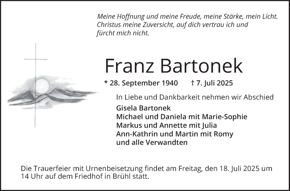  Traueranzeige für Franz Bartonek vom 12.07.2025 aus Schwetzinger Zeitung