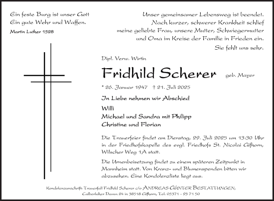 Traueranzeige von Fridhild Scherer von Mannheimer Morgen