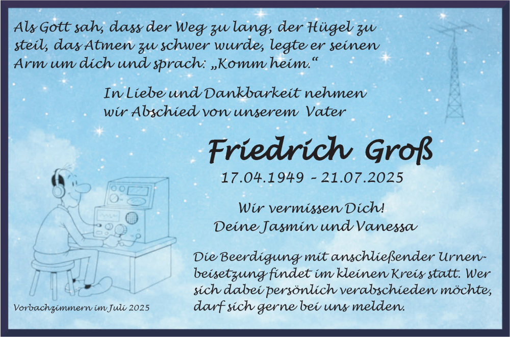  Traueranzeige für Friedrich Groß vom 26.07.2025 aus Fränkische Nachrichten