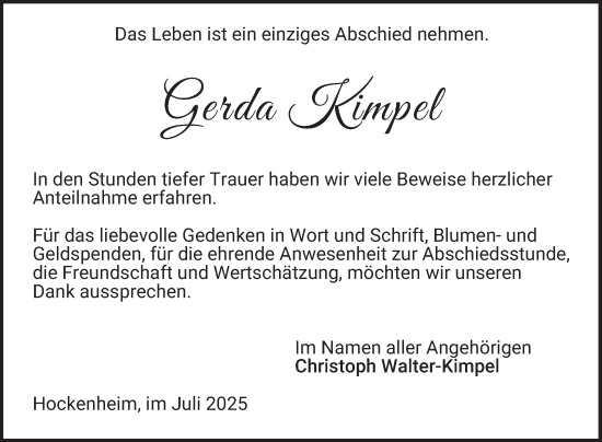 Traueranzeige von Gerda Kimpel von Schwetzinger Zeitung